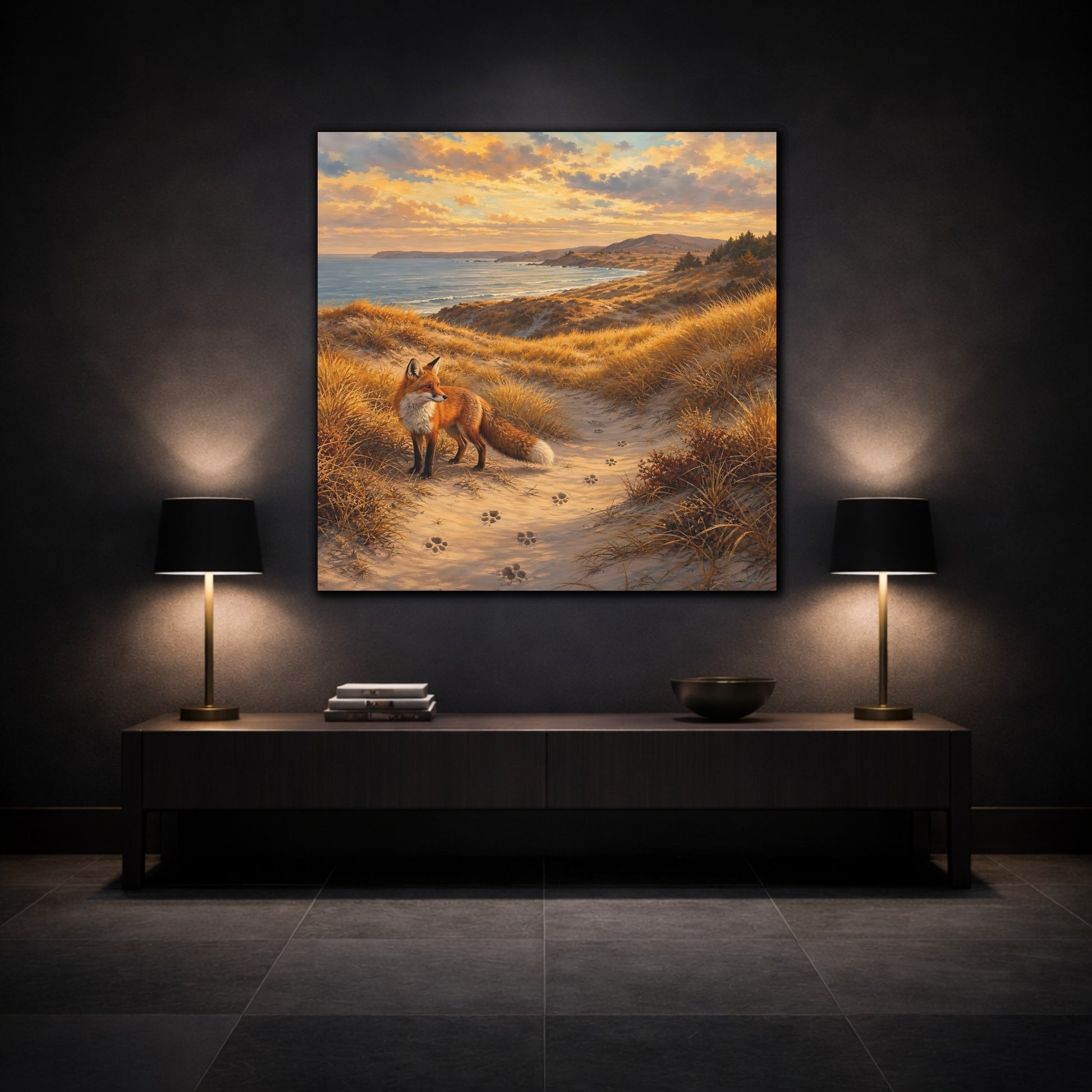 Mockup 3. Nature Fox Warm Coastal Fox shown as stretched canvas wall art