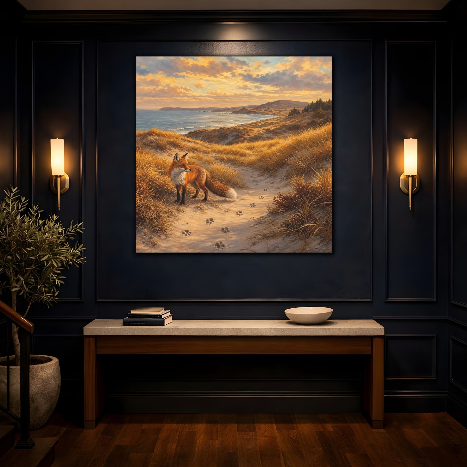 Mockup 4. Nature Fox Warm Coastal Fox shown as stretched canvas wall art