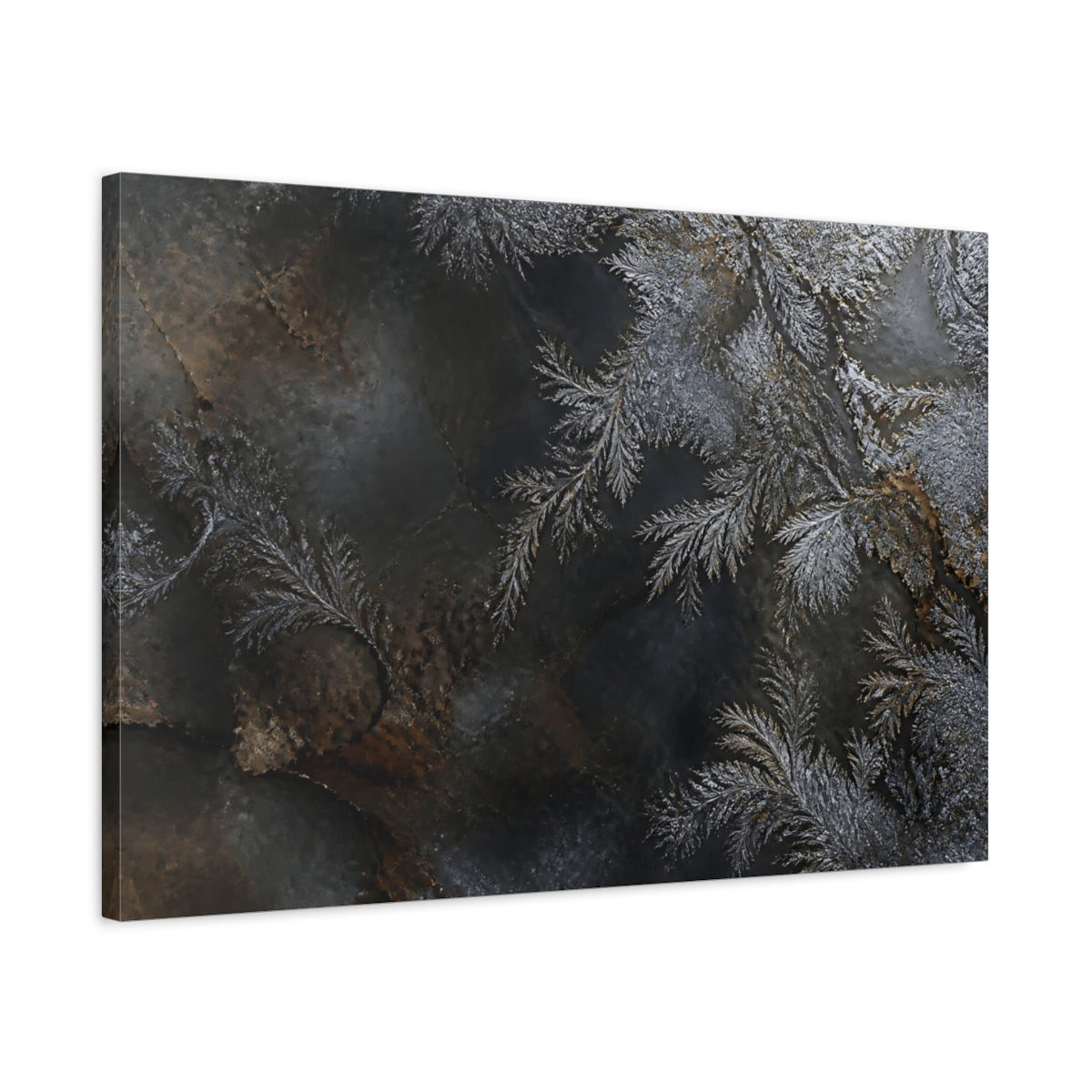 Side Mockup 2. Nature Frost Patterns Silver And Black shown as stretched canvas wall art