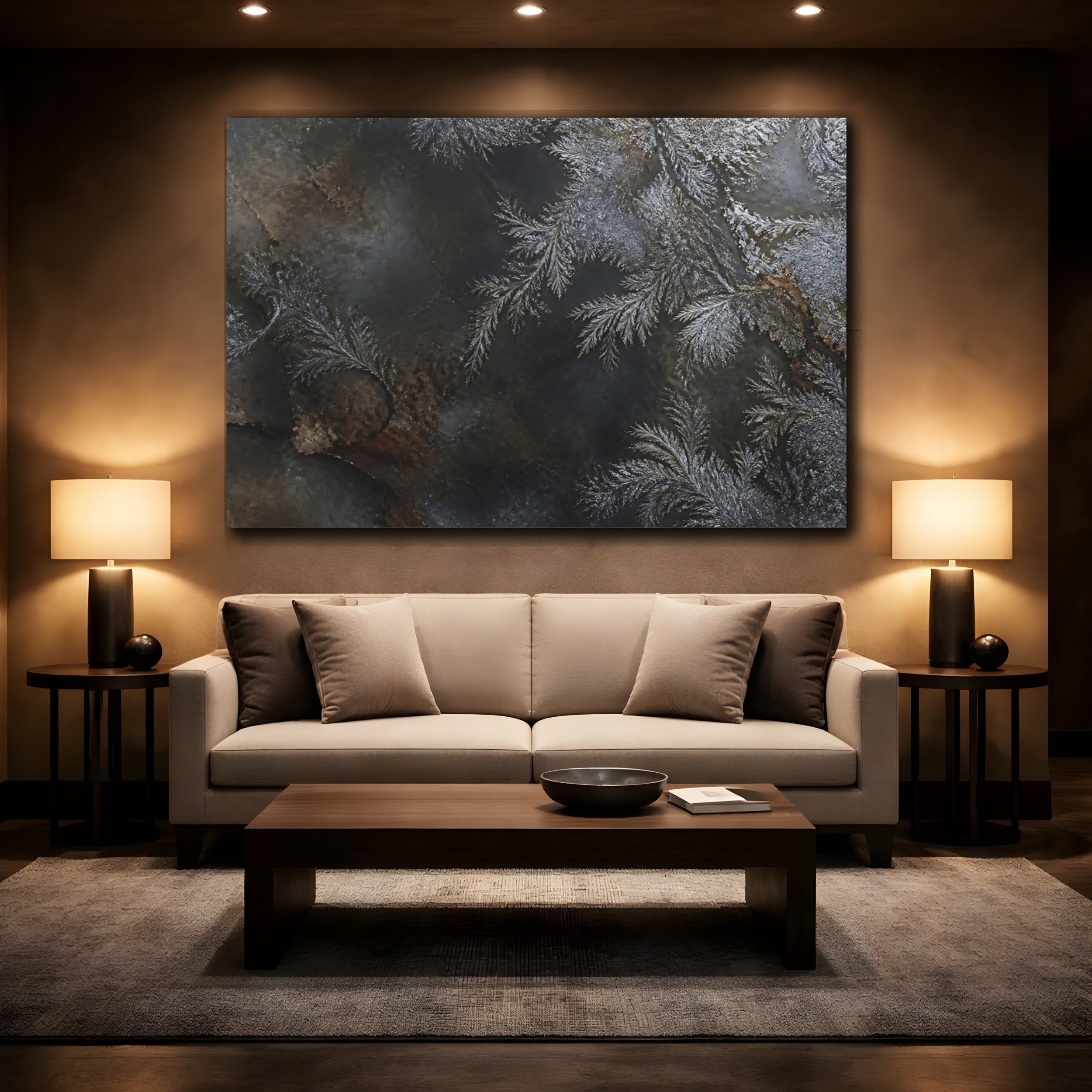 Mockup 2. Nature Frost Patterns Silver And Black shown as stretched canvas wall art