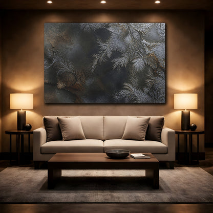 Mockup 2. Nature Frost Patterns Silver And Black shown as stretched canvas wall art