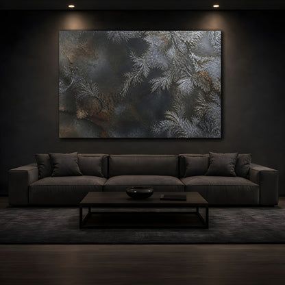 Mockup 3. Nature Frost Patterns Silver And Black shown as stretched canvas wall art