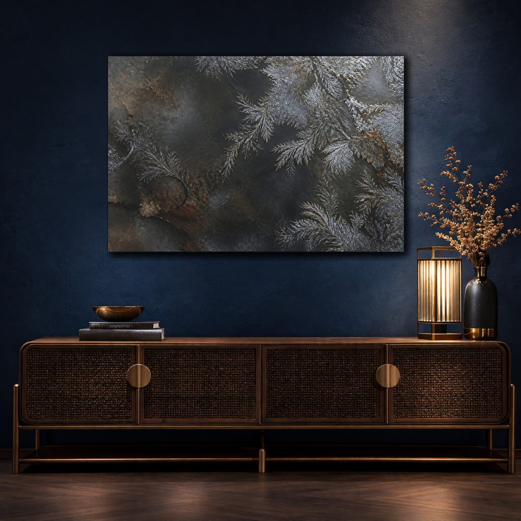 Mockup 4. Nature Frost Patterns Silver And Black shown as stretched canvas wall art