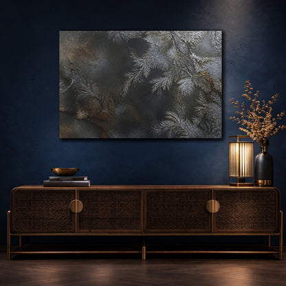 Mockup 4. Nature Frost Patterns Silver And Black shown as stretched canvas wall art