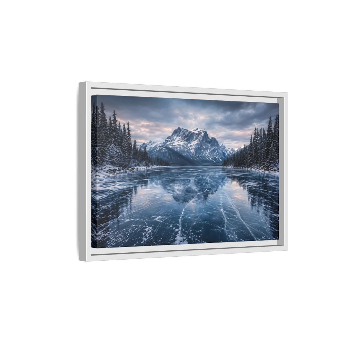 Side Mockup 4. Nature Frozen Lake Blue And White Winter shown as stretched canvas wall art