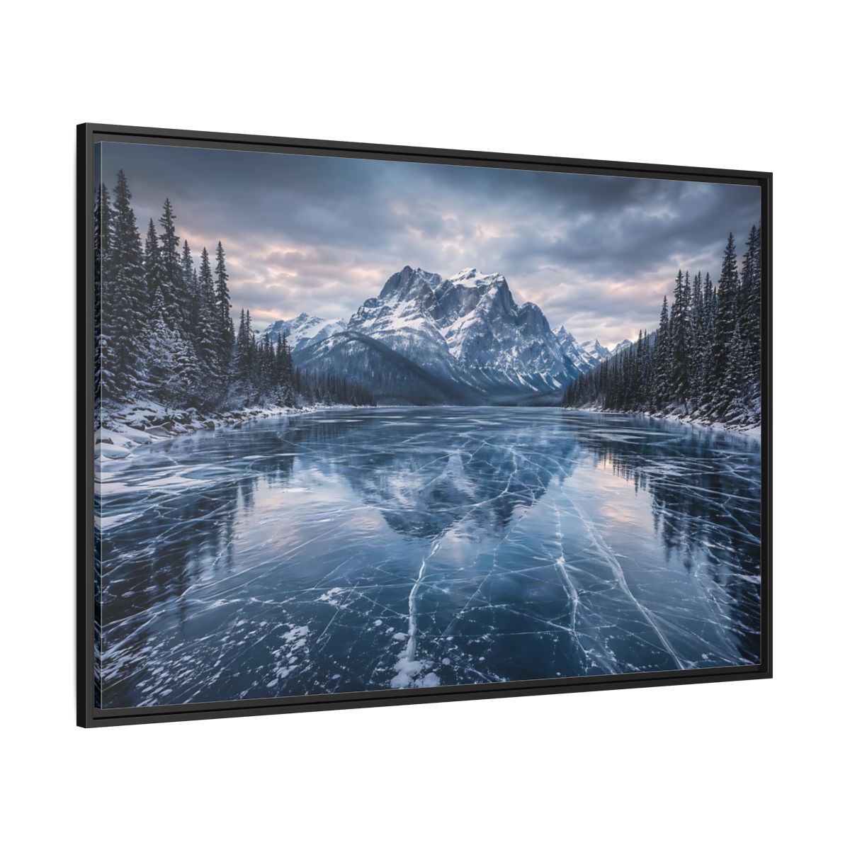 Side Mockup 12. Nature Frozen Lake Blue And White Winter shown as stretched canvas wall art