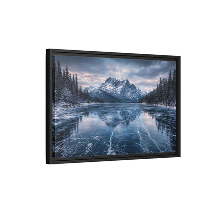 Side Mockup 3. Nature Frozen Lake Blue And White Winter shown as stretched canvas wall art