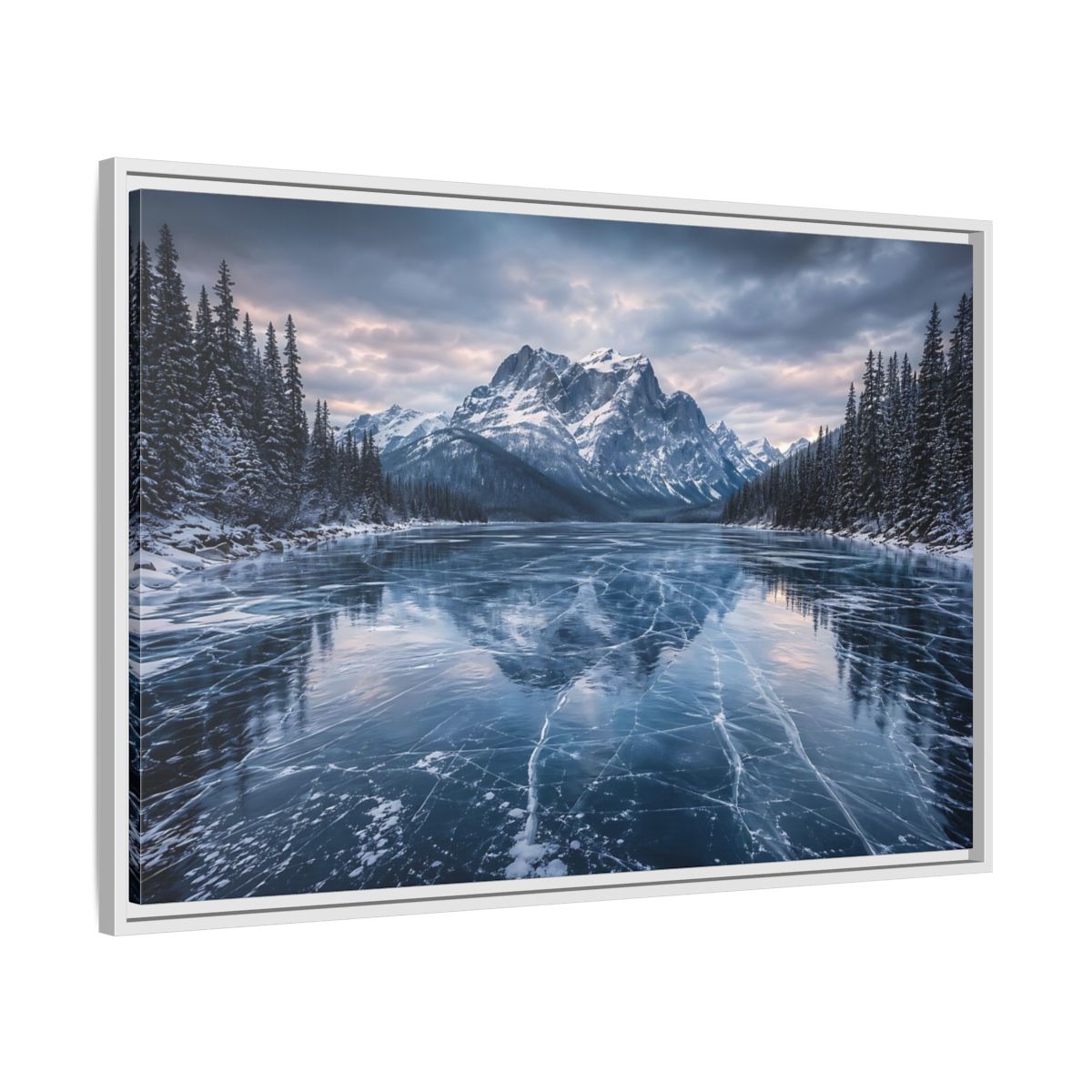 Side Mockup 9. Nature Frozen Lake Blue And White Winter shown as stretched canvas wall art