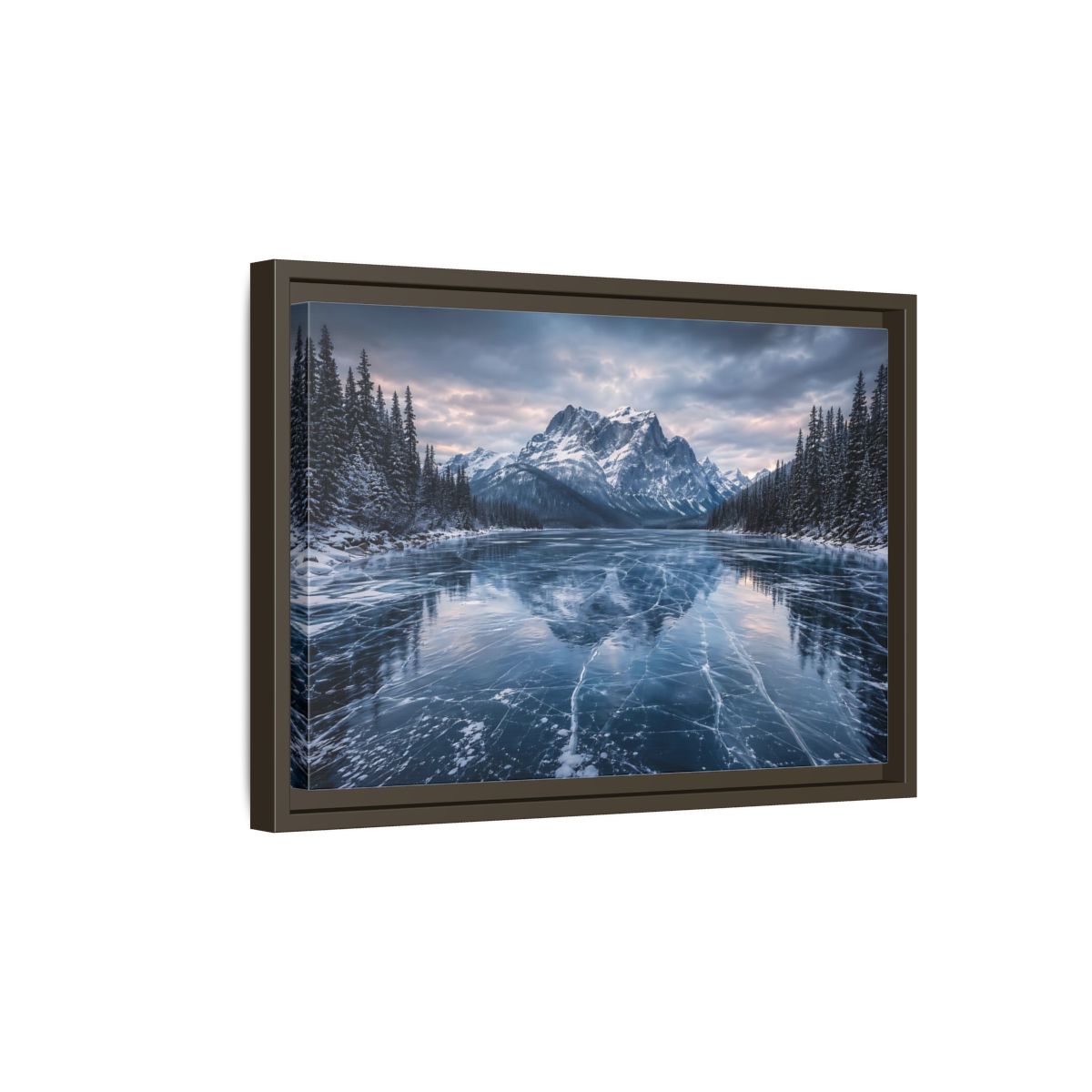 Side Mockup 5. Nature Frozen Lake Blue And White Winter shown as stretched canvas wall art