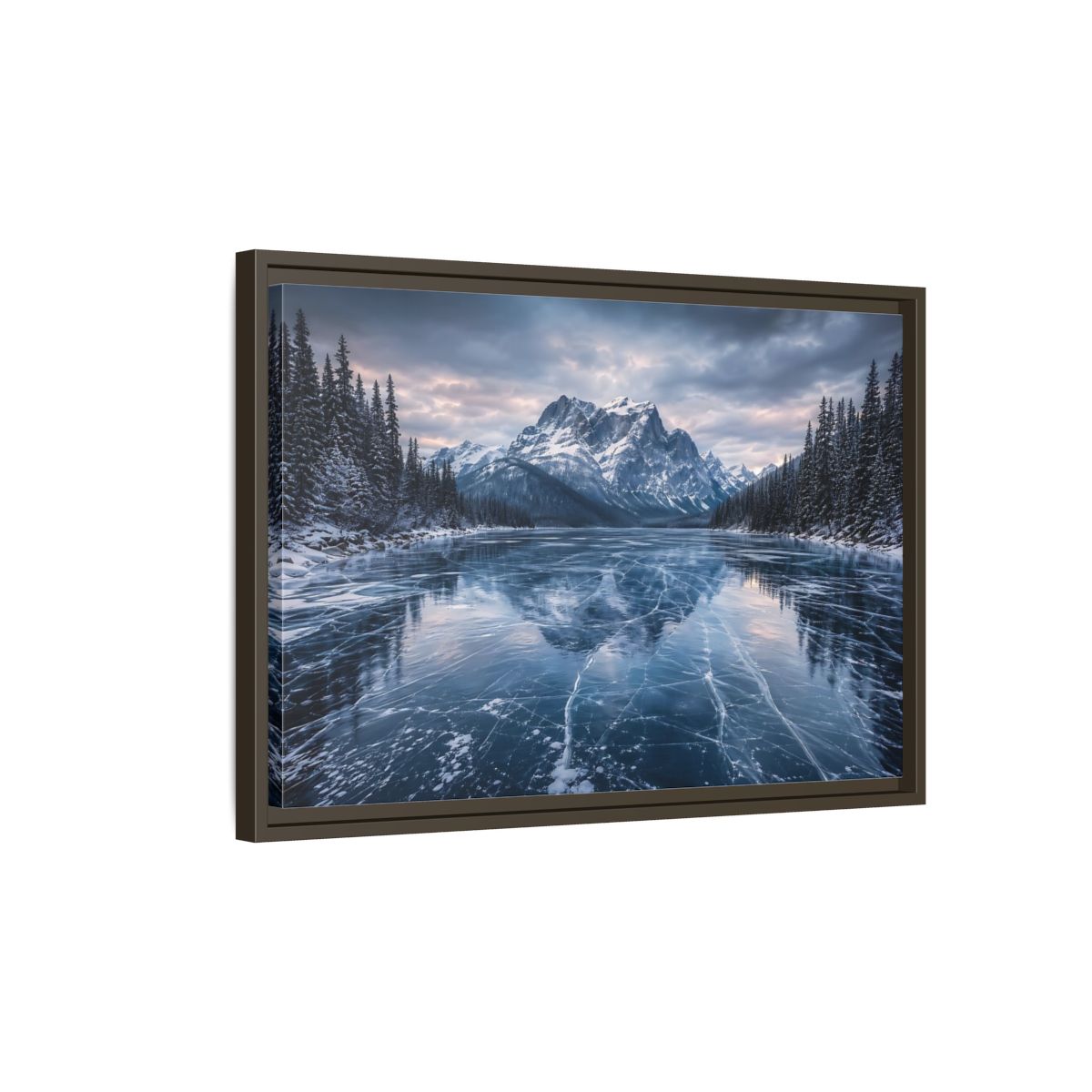 Side Mockup 2. Nature Frozen Lake Blue And White Winter shown as stretched canvas wall art