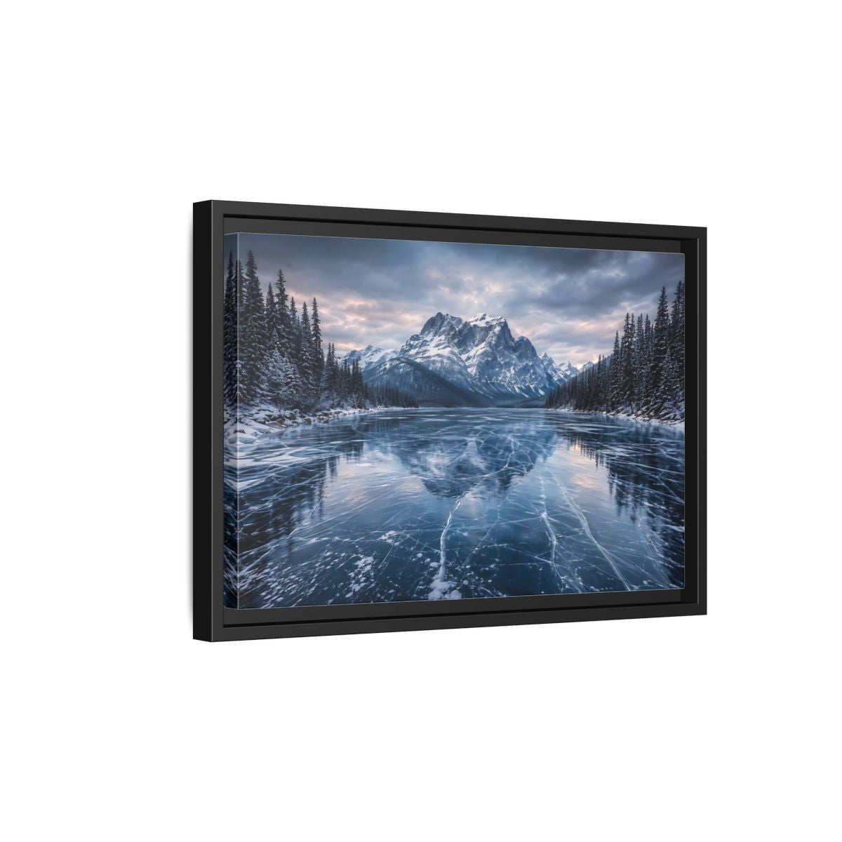 Side Mockup 6. Nature Frozen Lake Blue And White Winter shown as stretched canvas wall art