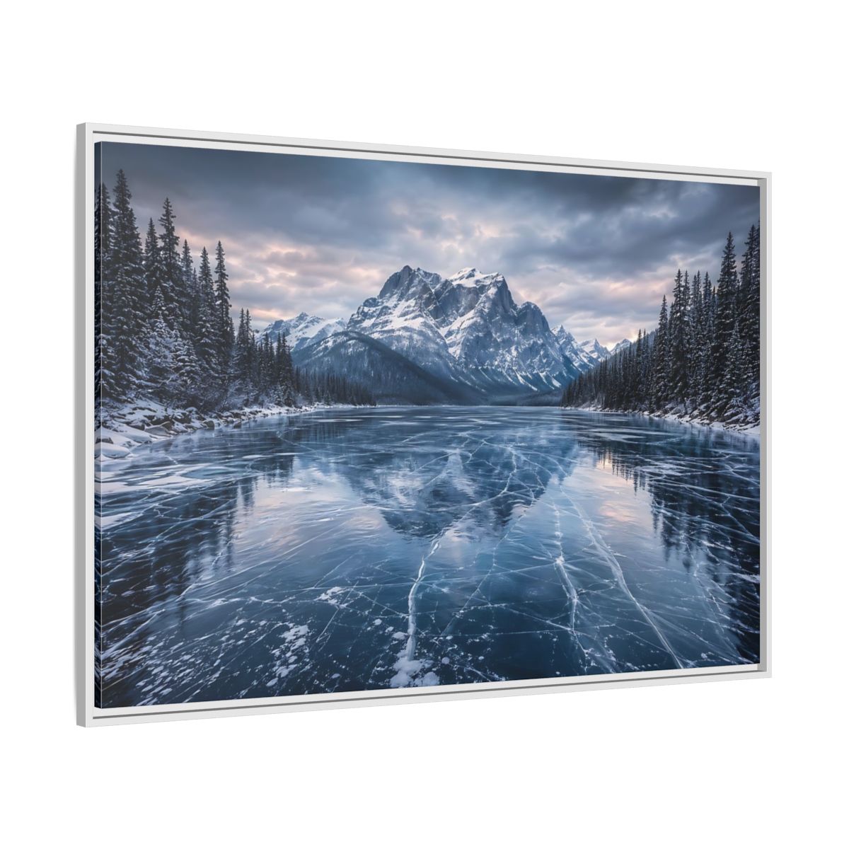 Side Mockup 7. Nature Frozen Lake Blue And White Winter shown as stretched canvas wall art