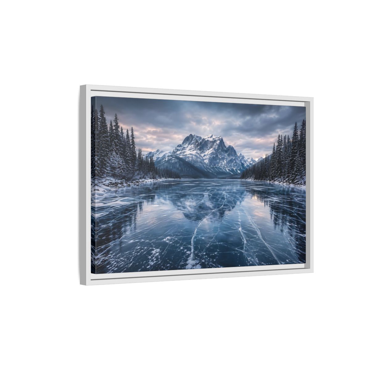 Side Mockup 1. Nature Frozen Lake Blue And White Winter shown as stretched canvas wall art