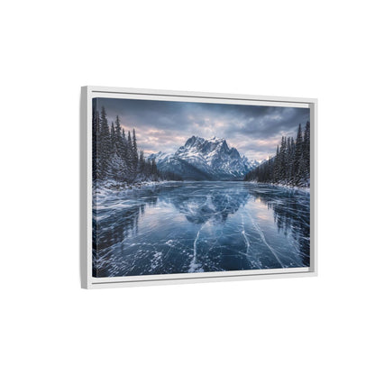 Side Mockup 1. Nature Frozen Lake Blue And White Winter shown as stretched canvas wall art