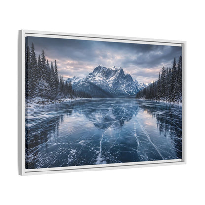 Side Mockup 10. Nature Frozen Lake Blue And White Winter shown as stretched canvas wall art