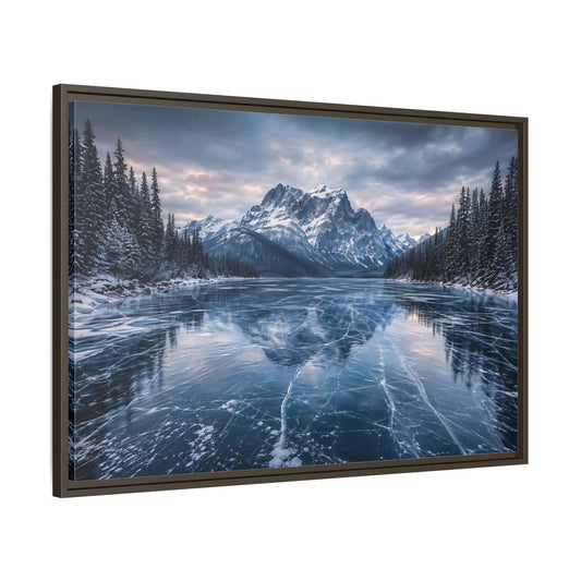 Main Mockup. Nature Frozen Lake Blue And White Winter shown as stretched canvas wall art