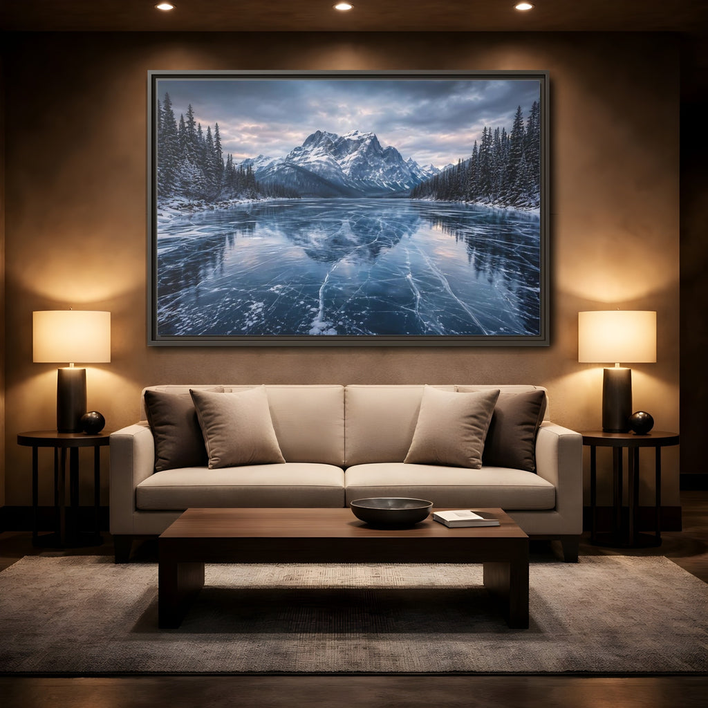Mockup 2. Nature Frozen Lake Blue And White Winter shown as stretched canvas wall art