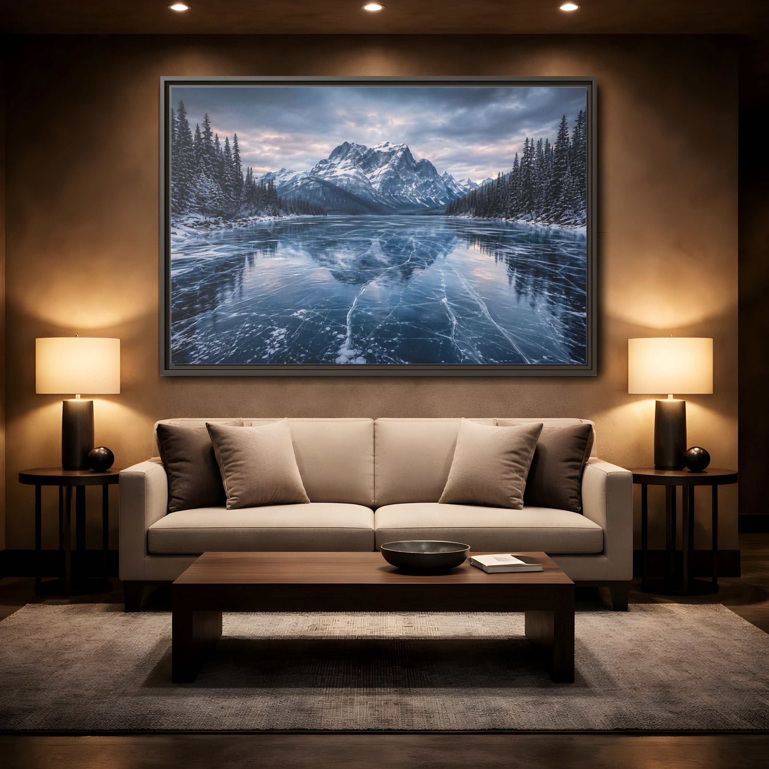 Mockup 2. Nature Frozen Lake Blue And White Winter shown as stretched canvas wall art