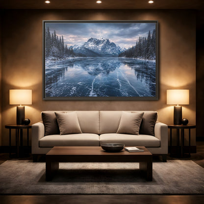 Mockup 2. Nature Frozen Lake Blue And White Winter shown as stretched canvas wall art