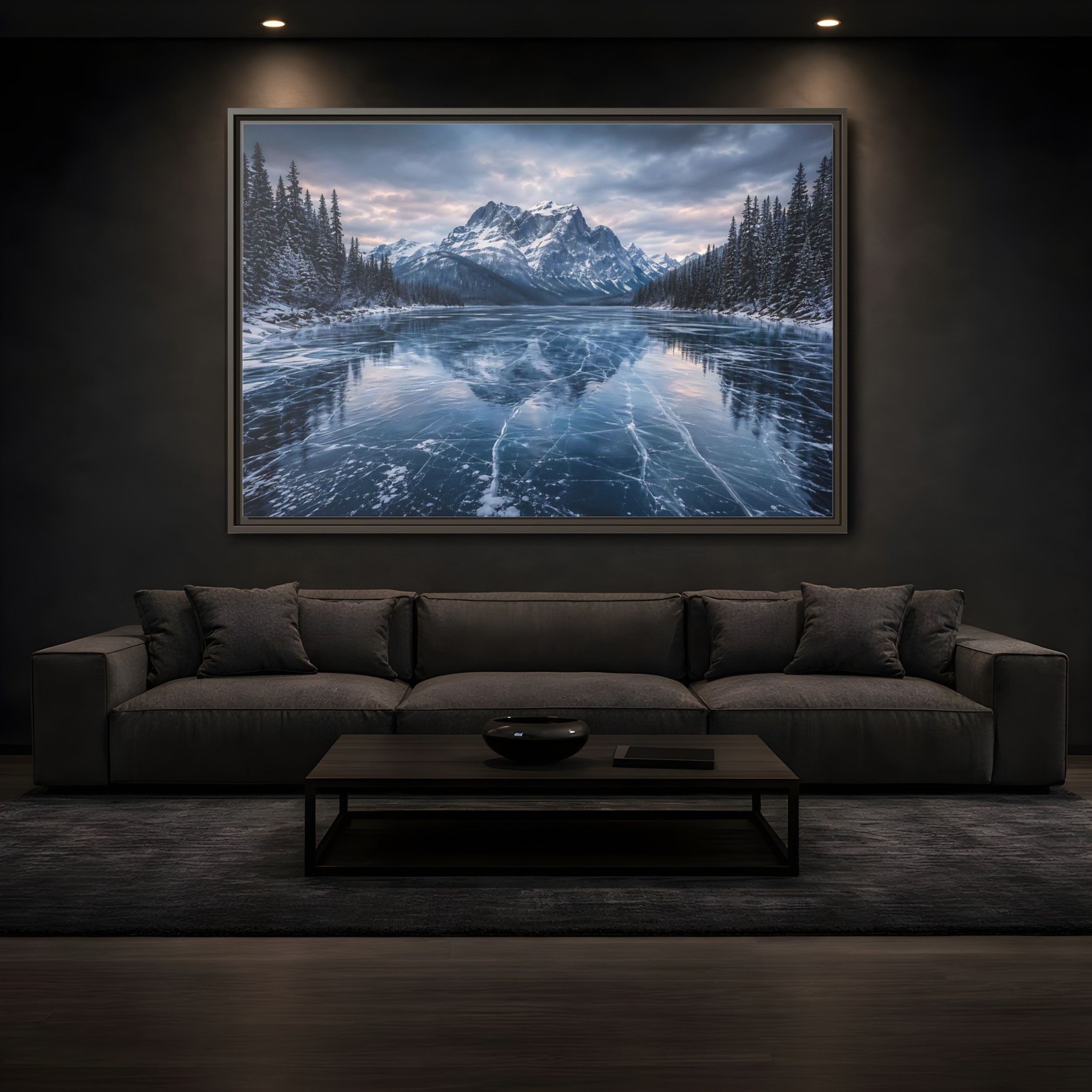 Mockup 3. Nature Frozen Lake Blue And White Winter shown as stretched canvas wall art