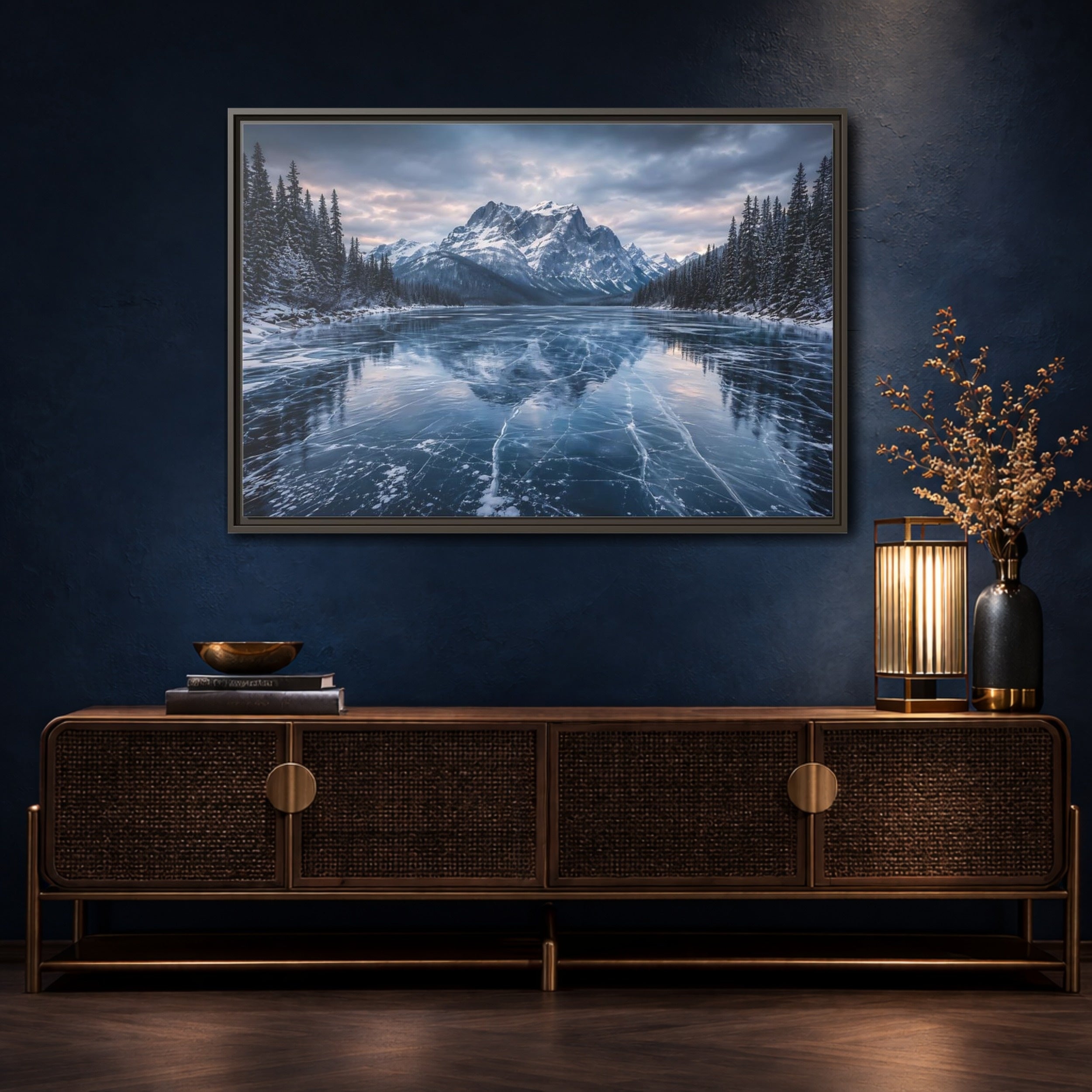Mockup 4. Nature Frozen Lake Blue And White Winter shown as stretched canvas wall art