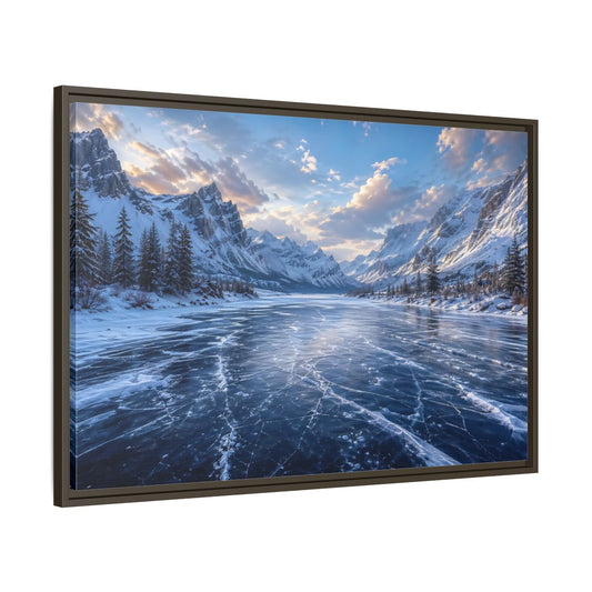 Main Mockup. Nature Frozen Lake Blue Winter Landscape shown as stretched canvas wall art
