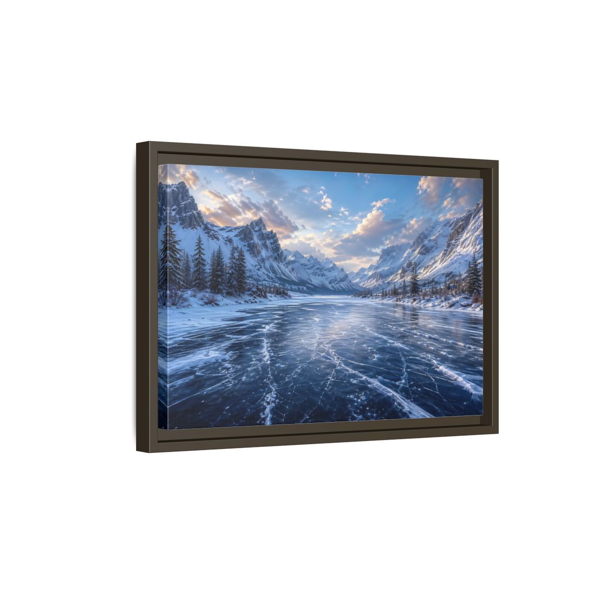 Side Mockup 5. Nature Frozen Lake Blue Winter Landscape shown as stretched canvas wall art