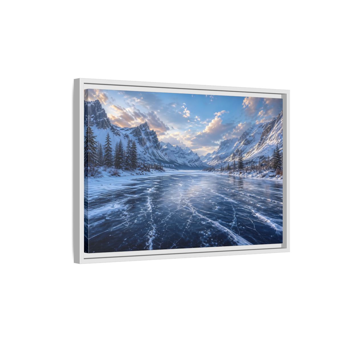 Side Mockup 1. Nature Frozen Lake Blue Winter Landscape shown as stretched canvas wall art