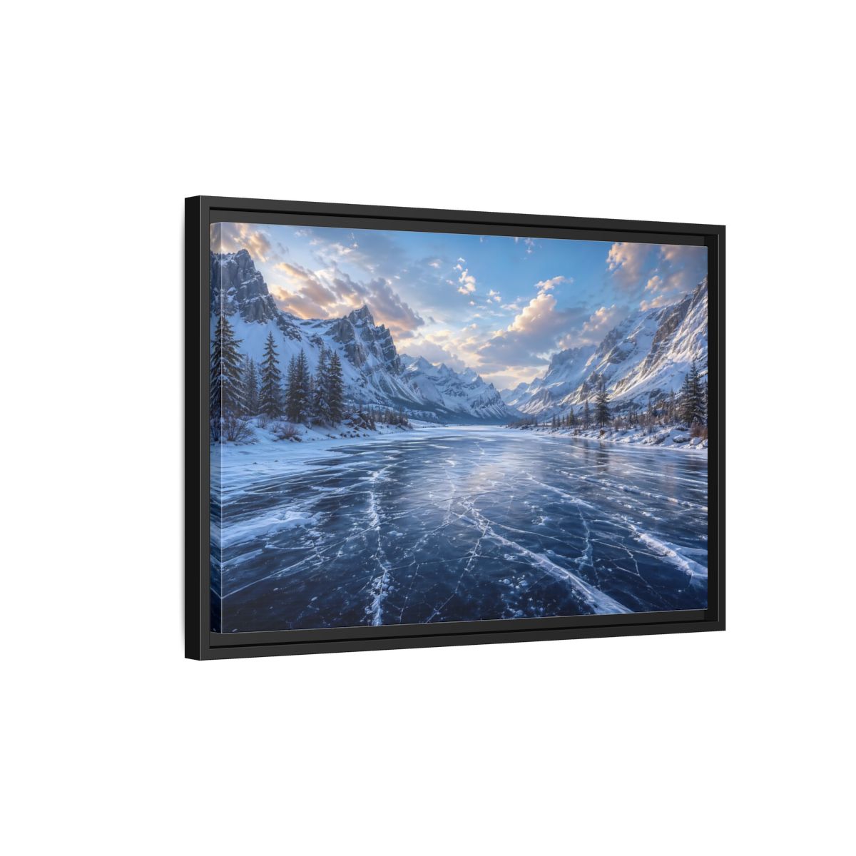 Side Mockup 3. Nature Frozen Lake Blue Winter Landscape shown as stretched canvas wall art