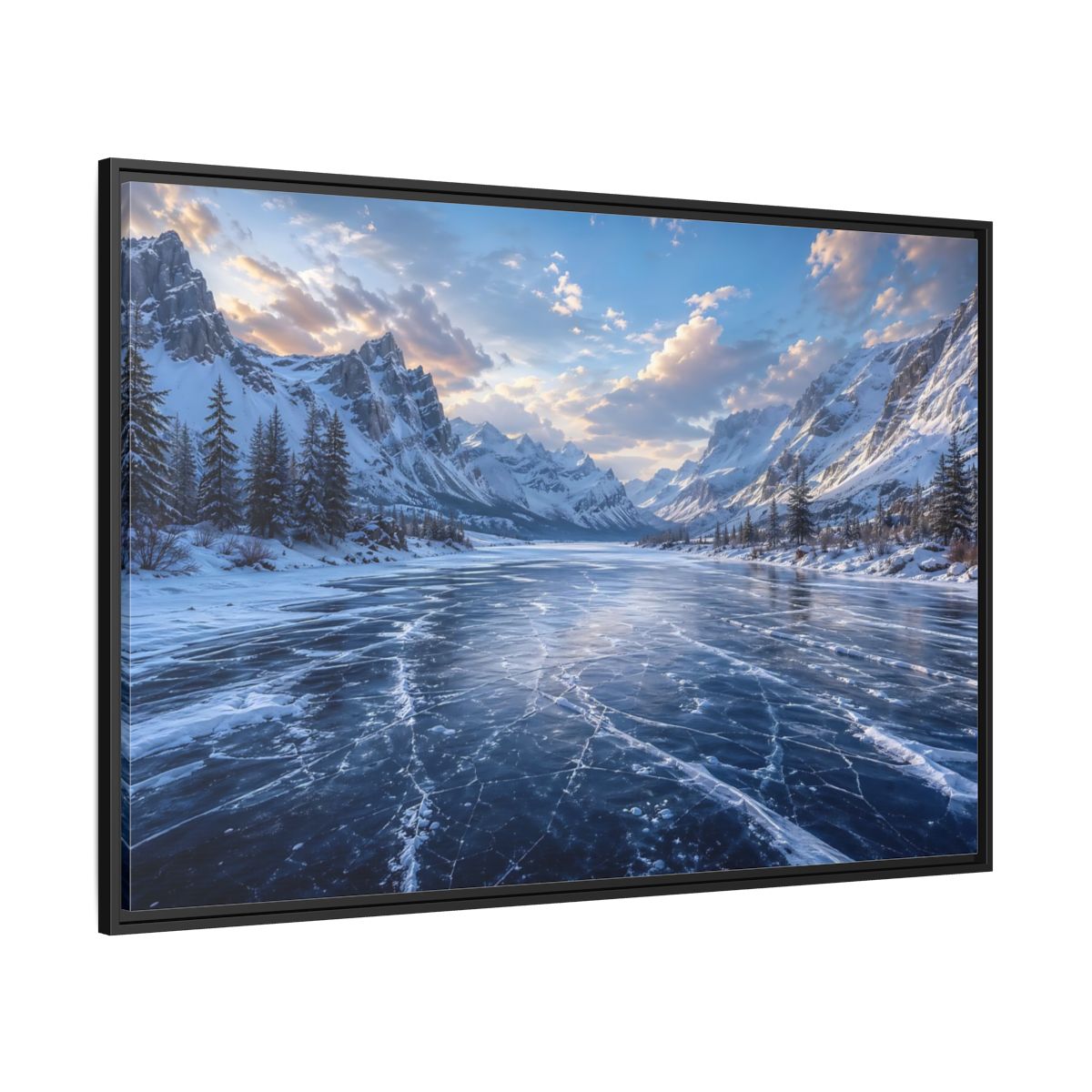Side Mockup 12. Nature Frozen Lake Blue Winter Landscape shown as stretched canvas wall art