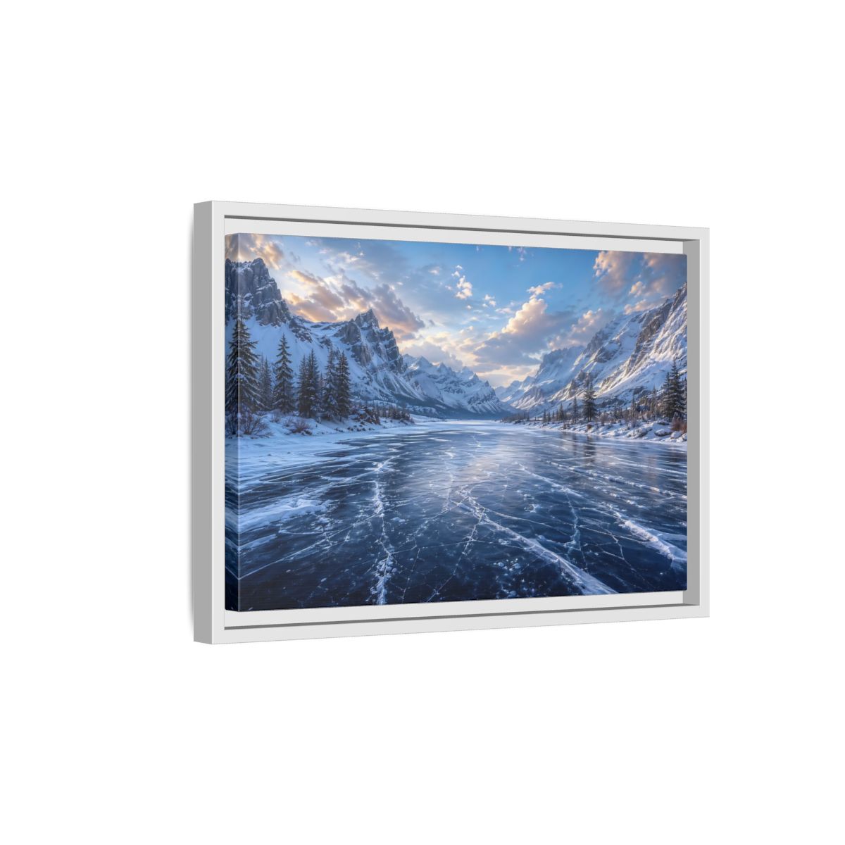 Side Mockup 4. Nature Frozen Lake Blue Winter Landscape shown as stretched canvas wall art
