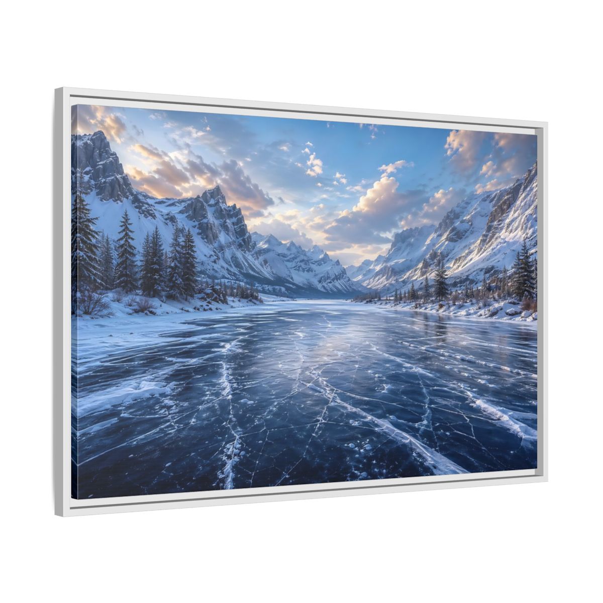 Side Mockup 9. Nature Frozen Lake Blue Winter Landscape shown as stretched canvas wall art