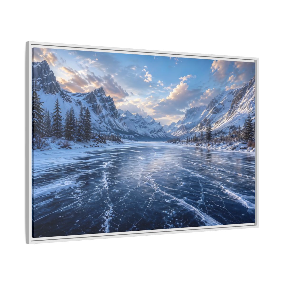 Side Mockup 7. Nature Frozen Lake Blue Winter Landscape shown as stretched canvas wall art