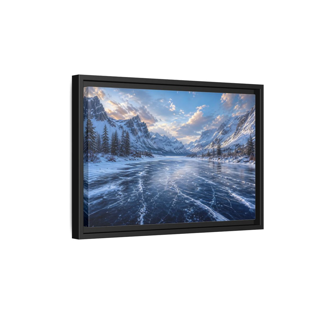 Side Mockup 6. Nature Frozen Lake Blue Winter Landscape shown as stretched canvas wall art