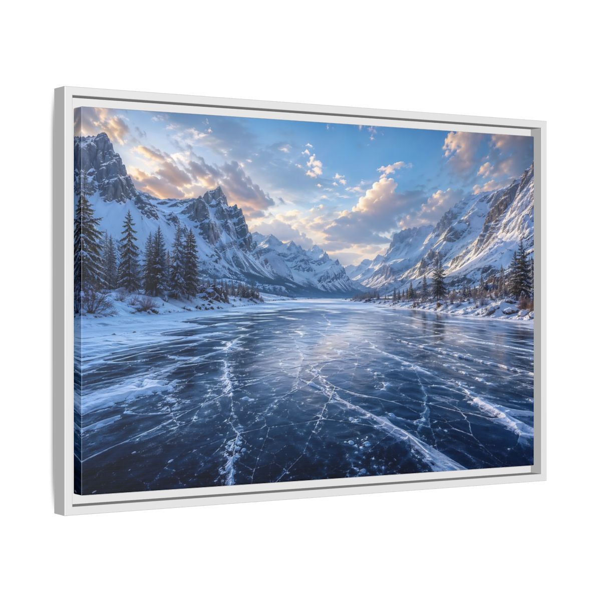 Side Mockup 10. Nature Frozen Lake Blue Winter Landscape shown as stretched canvas wall art