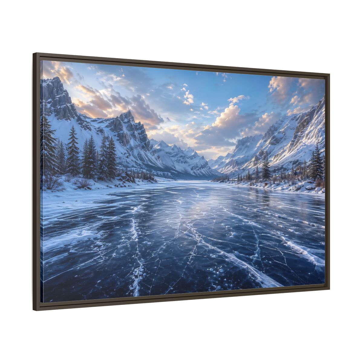 Side Mockup 8. Nature Frozen Lake Blue Winter Landscape shown as stretched canvas wall art