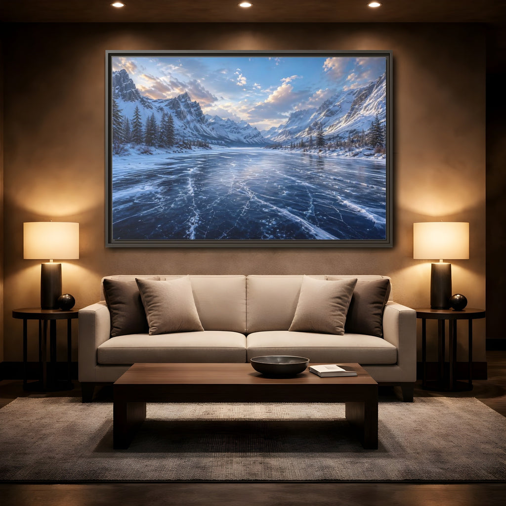Mockup 2. Nature Frozen Lake Blue Winter Landscape shown as stretched canvas wall art