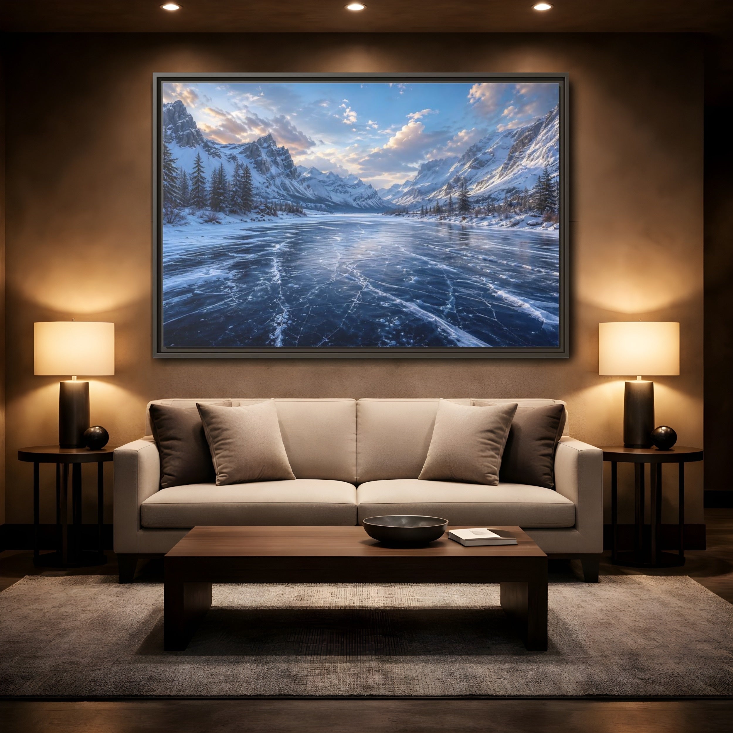 Mockup 2. Nature Frozen Lake Blue Winter Landscape shown as stretched canvas wall art