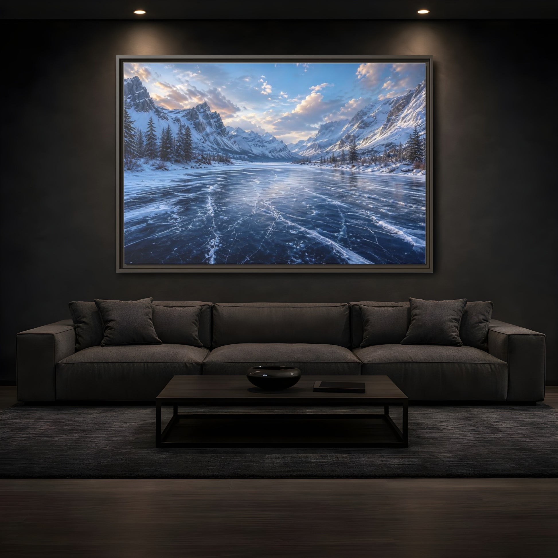 Mockup 3. Nature Frozen Lake Blue Winter Landscape shown as stretched canvas wall art