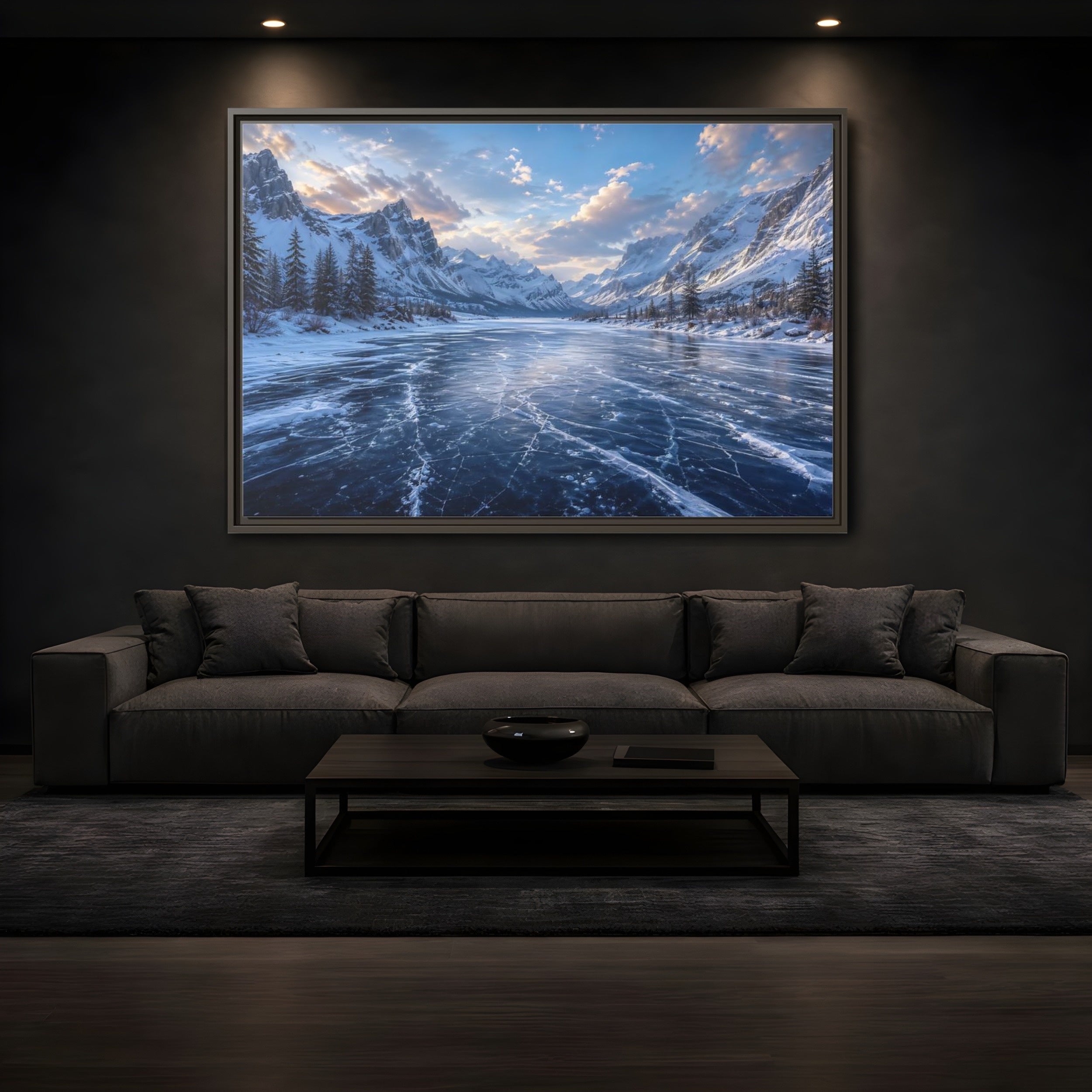 Mockup 3. Nature Frozen Lake Blue Winter Landscape shown as stretched canvas wall art