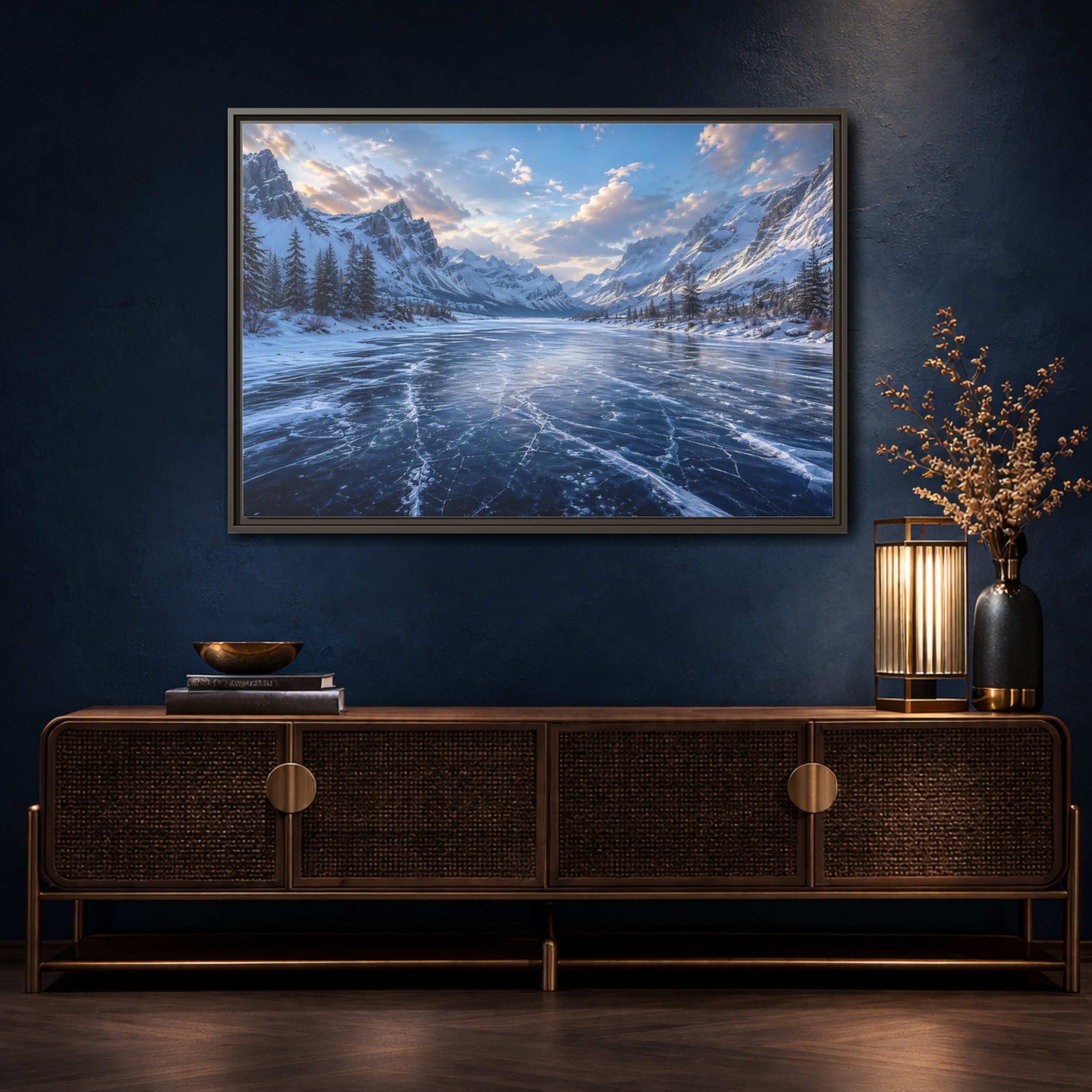 Mockup 4. Nature Frozen Lake Blue Winter Landscape shown as stretched canvas wall art