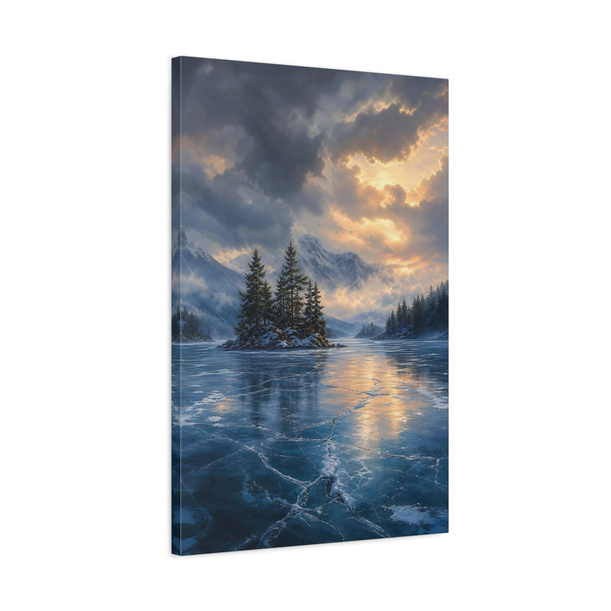 Side Mockup 2. Nature Frozen Lake Icy Blue Golden Sky shown as stretched canvas wall art