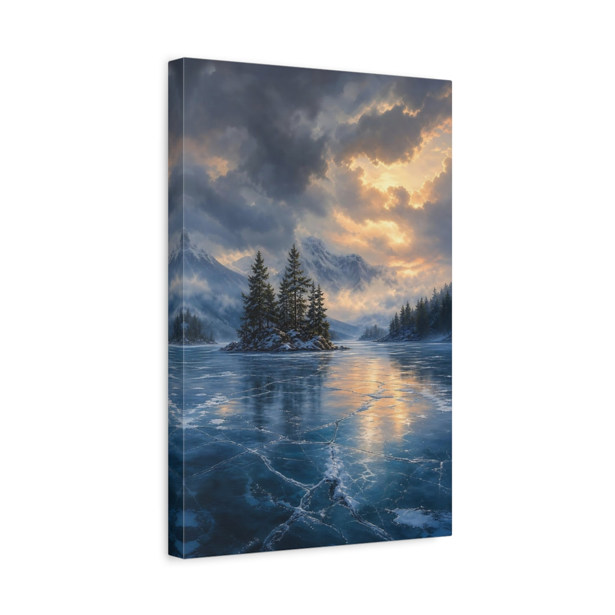 Side Mockup 4. Nature Frozen Lake Icy Blue Golden Sky shown as stretched canvas wall art
