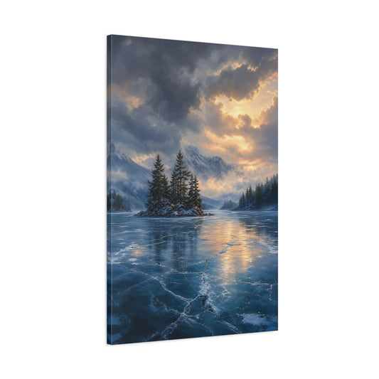 Main Mockup. Nature Frozen Lake Icy Blue Golden Sky shown as stretched canvas wall art