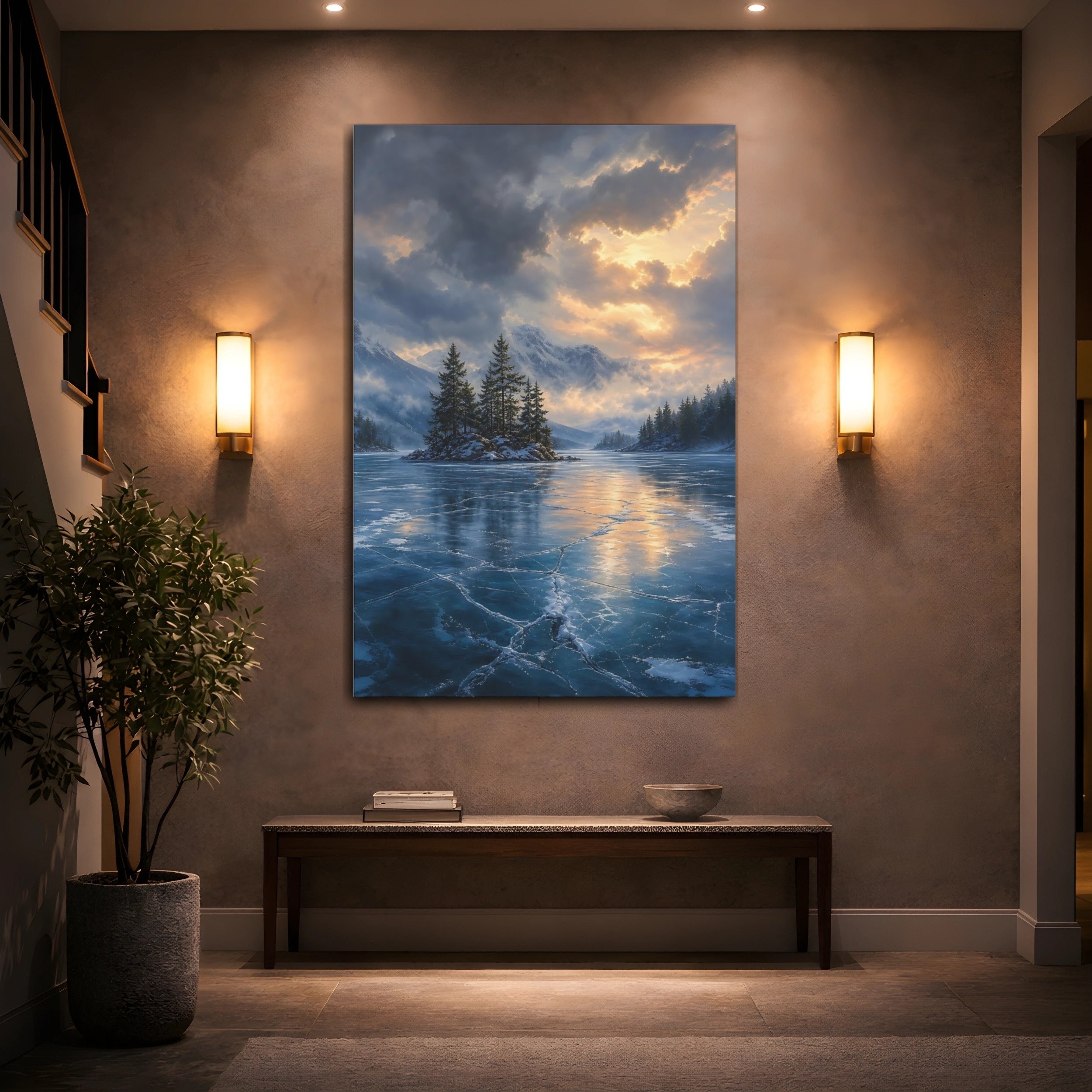 Mockup 2. Nature Frozen Lake Icy Blue Golden Sky shown as stretched canvas wall art