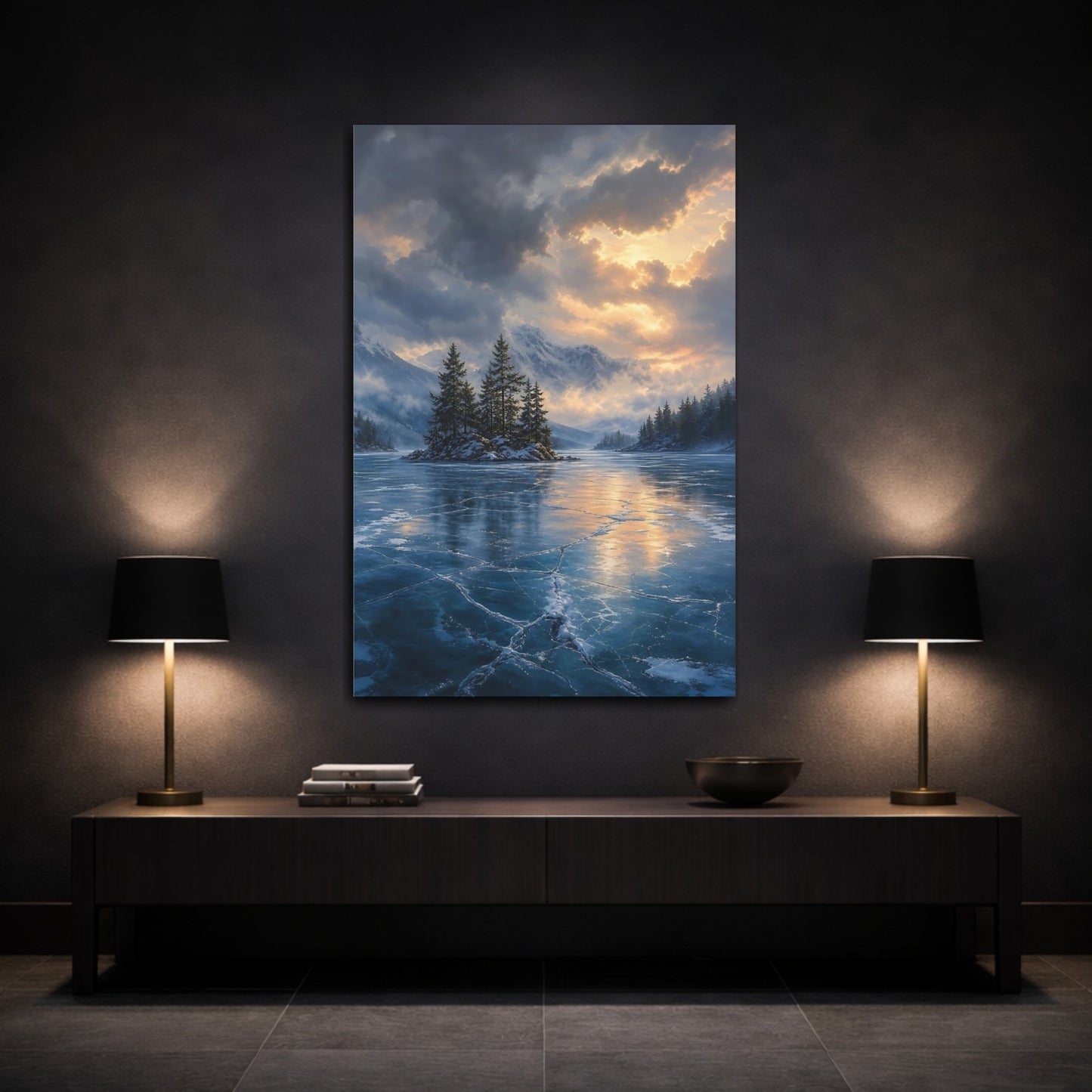 Mockup 3. Nature Frozen Lake Icy Blue Golden Sky shown as stretched canvas wall art