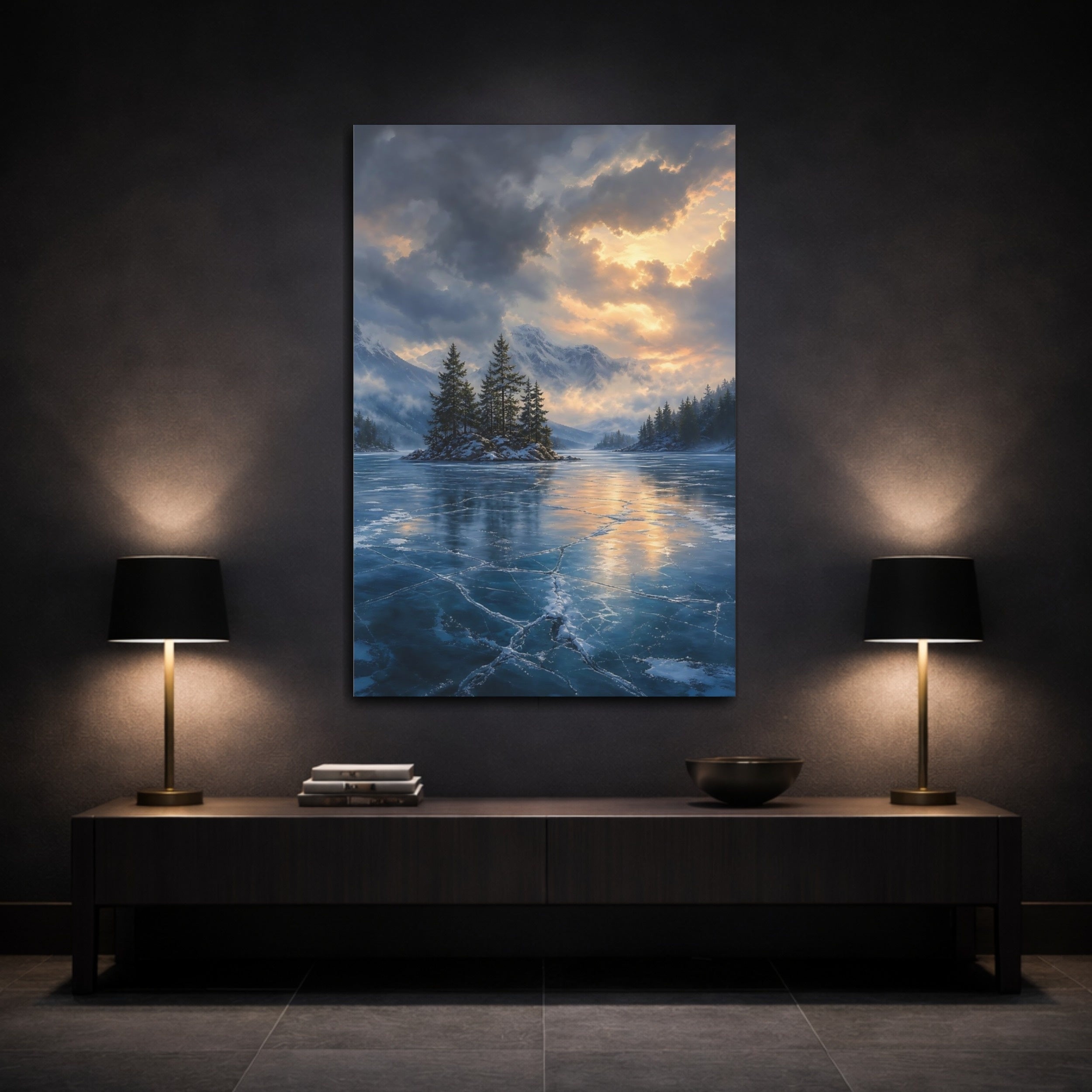 Mockup 3. Nature Frozen Lake Icy Blue Golden Sky shown as stretched canvas wall art