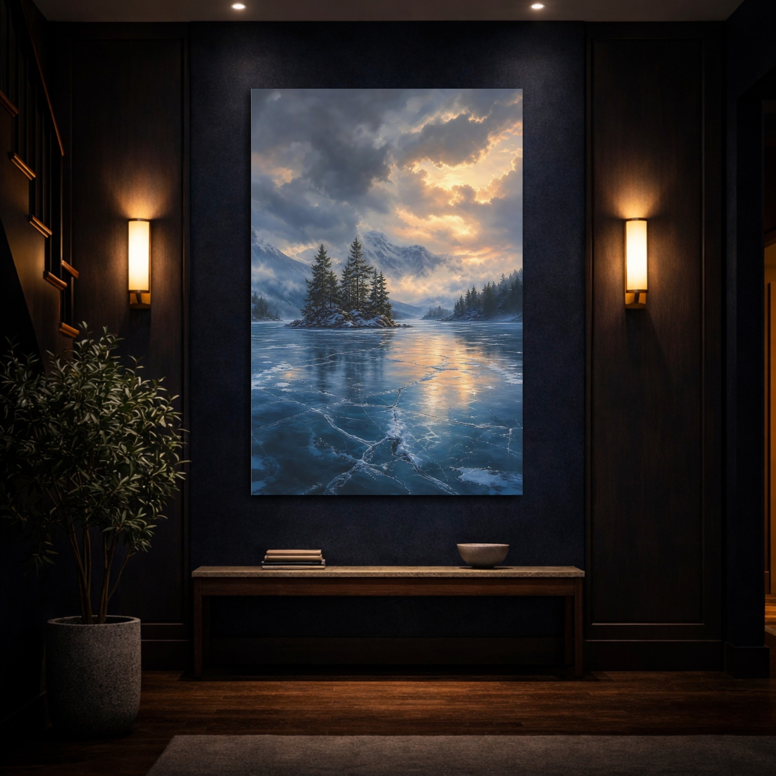 Mockup 4. Nature Frozen Lake Icy Blue Golden Sky shown as stretched canvas wall art