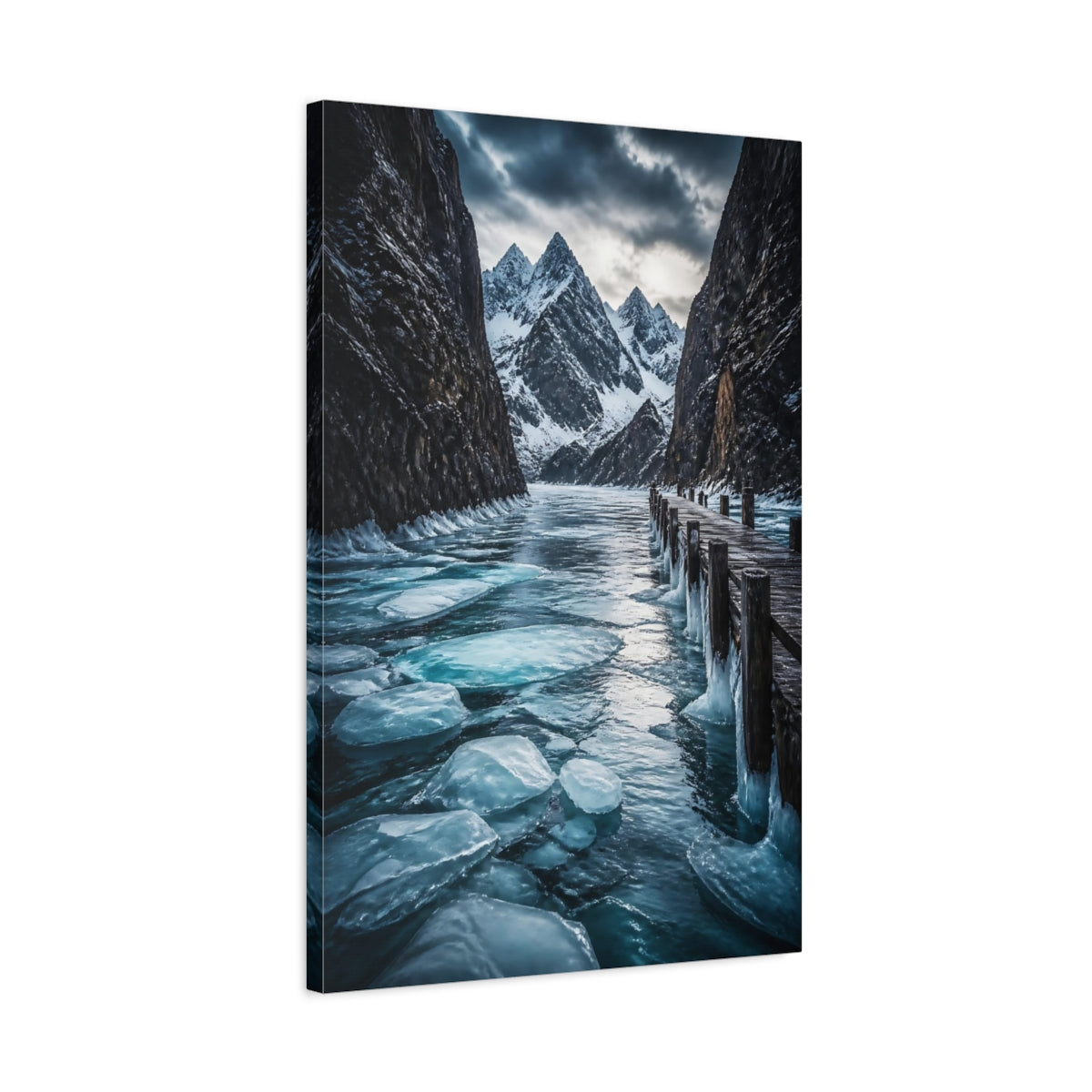 Side Mockup 2. Nature Frozen Lake Icy Lake Landscape shown as stretched canvas wall art