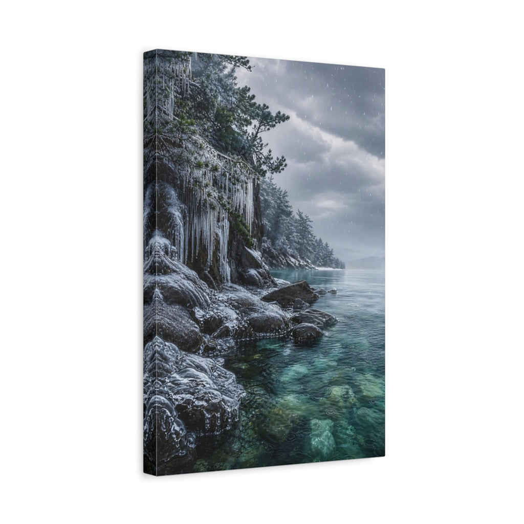 Side Mockup 4. Nature Frozen Lake Winter Lake Blue shown as stretched canvas wall art